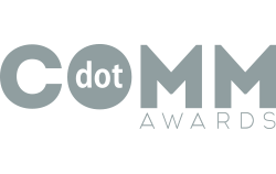 Logo of dotCOMM Awards, featuring stylized gray text: 